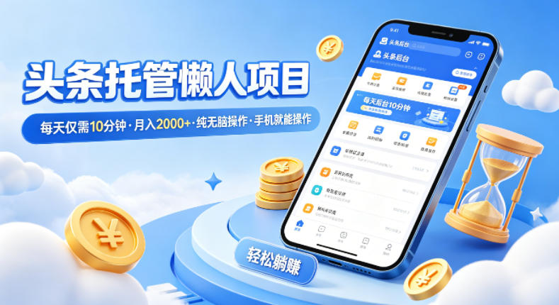 头条托管懒人项目，每天仅需10分钟，月入2000+，纯无脑操作，手机就能操作【揭秘】-源创文化-轻创终点站
