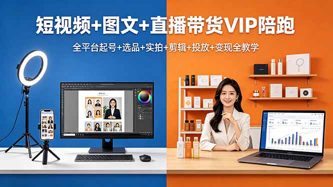 短视频+图文+直播带货VIP陪跑，全平台起号+选品+实拍+剪辑+投放+变现全教学-源创文化-轻创终点站