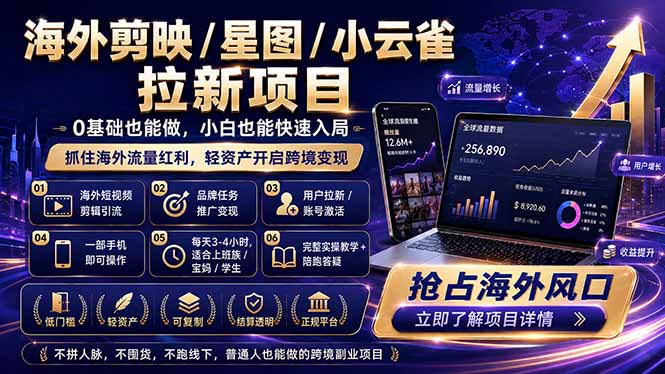 海外剪映 / 星图 / 小云雀拉新项目 普通人也能上手的跨境流量变现副业-源创文化-轻创终点站