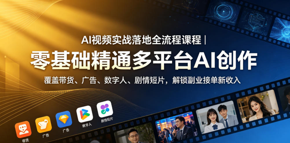 AI视频实战落地全流程课程｜零基础精通多平台AI创作，覆盖带货、广告、数字人、剧情短片，解锁副业接单新收入-源创文化-轻创终点站