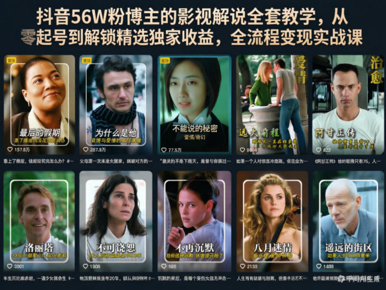 抖音56W粉博主的影视解说全套教学，从零起号到解锁精选独家收益，全流程变现实战课-源创文化-轻创终点站