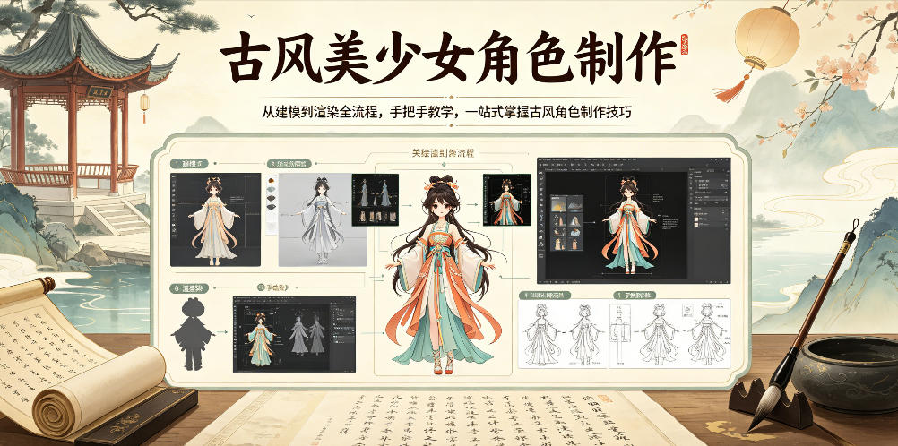 古风美少女角色制作，从建模到渲染全流程，手把手教学，一站式掌握古风角色制作技巧-源创文化-轻创终点站