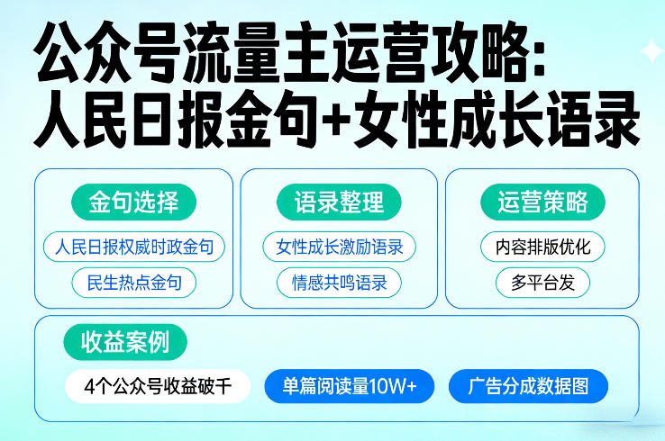 利用人民日报金句+女性成长语录做公众号流量主，4个公众号收益破千-源创文化-轻创终点站